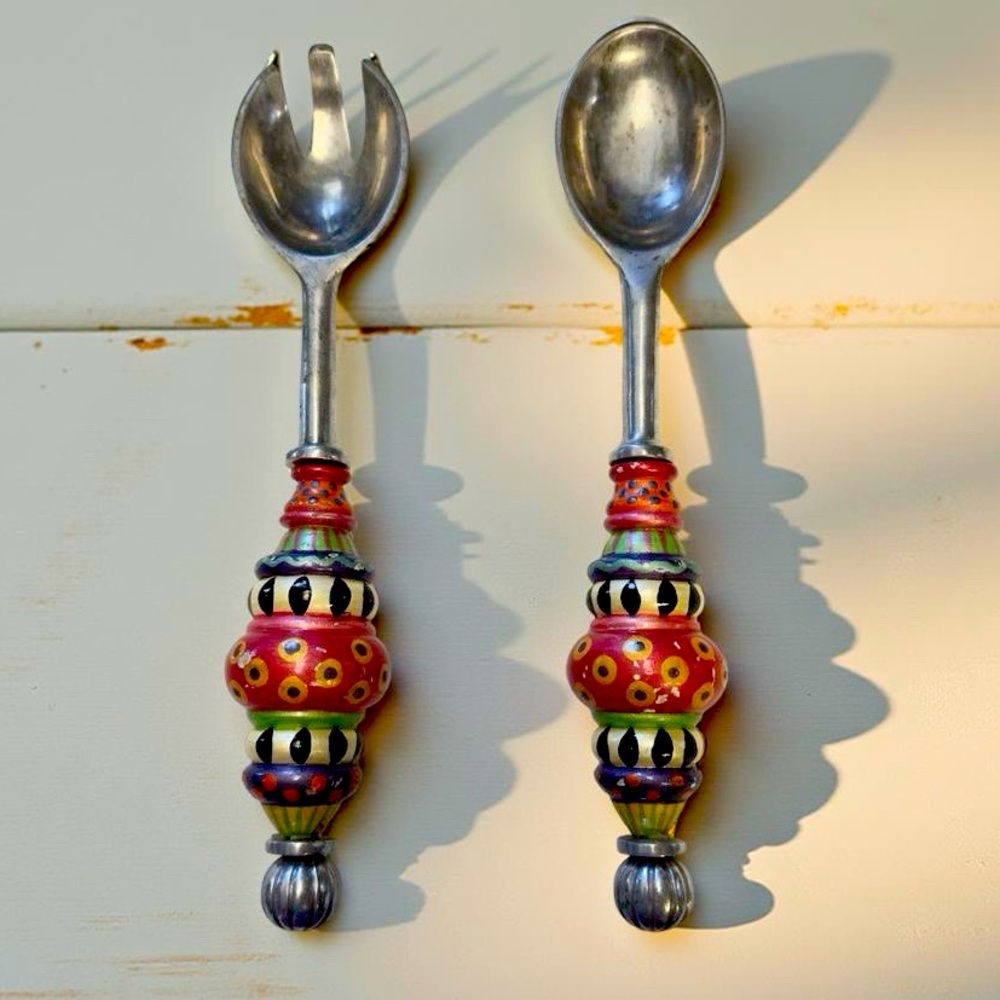 SouthCoast Folk Painted Handles Stainless Steel Salad Servers 12.5"